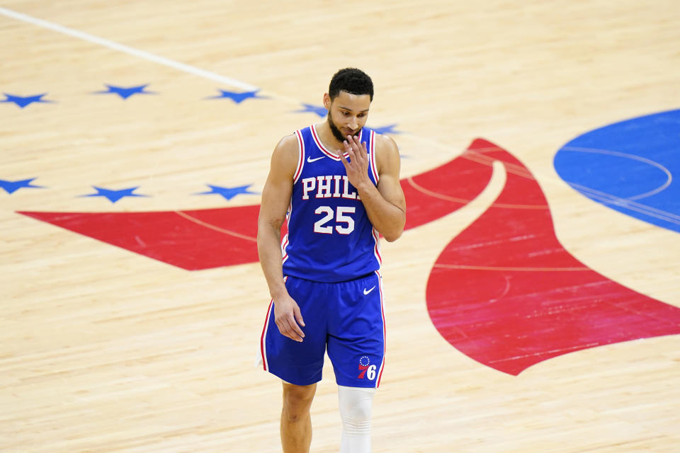 Philadelphia 76ers' Ben Simmons wipes his face after missing a pair of free-throws during the first half of Game 5 in a second-round NBA basketball playoff series against the Atlanta Hawks, Wednesday, June 16, 2021, in Philadelphia. (AP Photo/Matt Slocum)