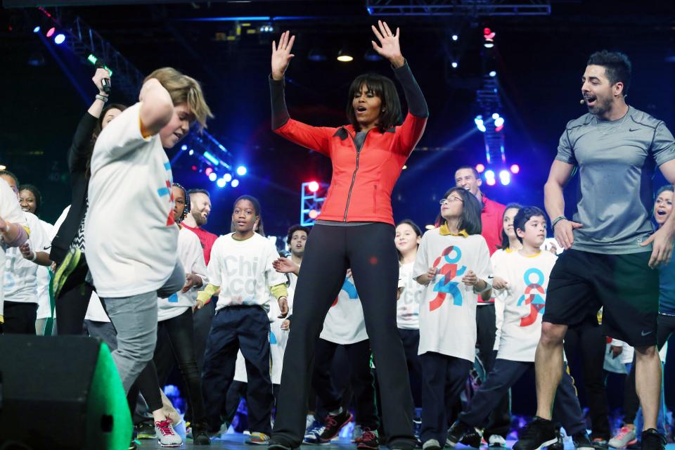 Michelle Obama dances with Chicago  school children in her Let's Move program on Feb. 28, 2013.