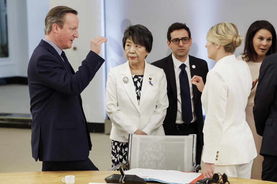 From left, British Foreign Secretary David Cameron, Japanese Foreign Minister Yoko Kamikawa, French Foreign Minister Stephane Sejourne, Canadian Minister of Foreign Affairs Melanie Joly and German Foreign Minister Annalena Baerbock attend a meeting on the second day of a G7 foreign ministers meeting on Capri island, Italy, Thursday April 18, 2024. (Remo Casilli/Pool via AP)