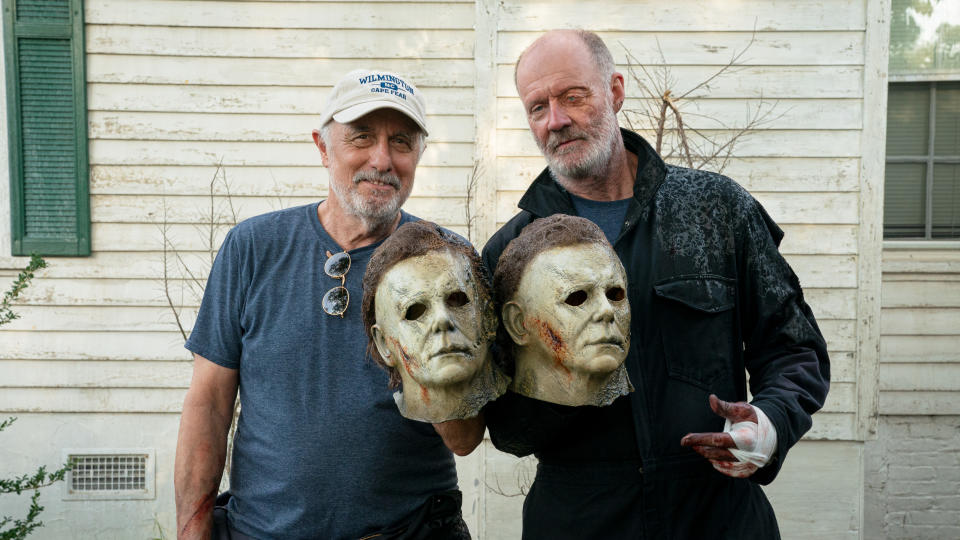 Franchise legend Nick Castle (left) and James Jude Courtney both portray Michael Myers in 'Halloween Kills'. (Ryan Green/Universal Pictures)