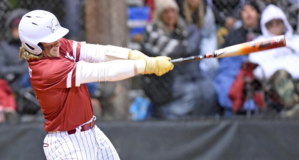 Sardis's Blaze Gerhart makes contact with a pitch against Glencoe during the Etowah County Baseball Tournament in Hokes Bluff, Alabama February 29, 2024. (Dave Hyatt: The Gadsden Times)