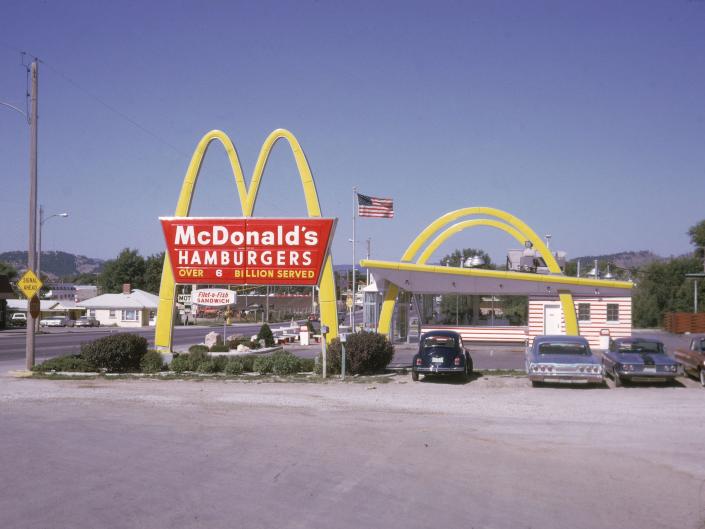 The exterior of a McDonald's fast food restaurant in South Dakota in 1970