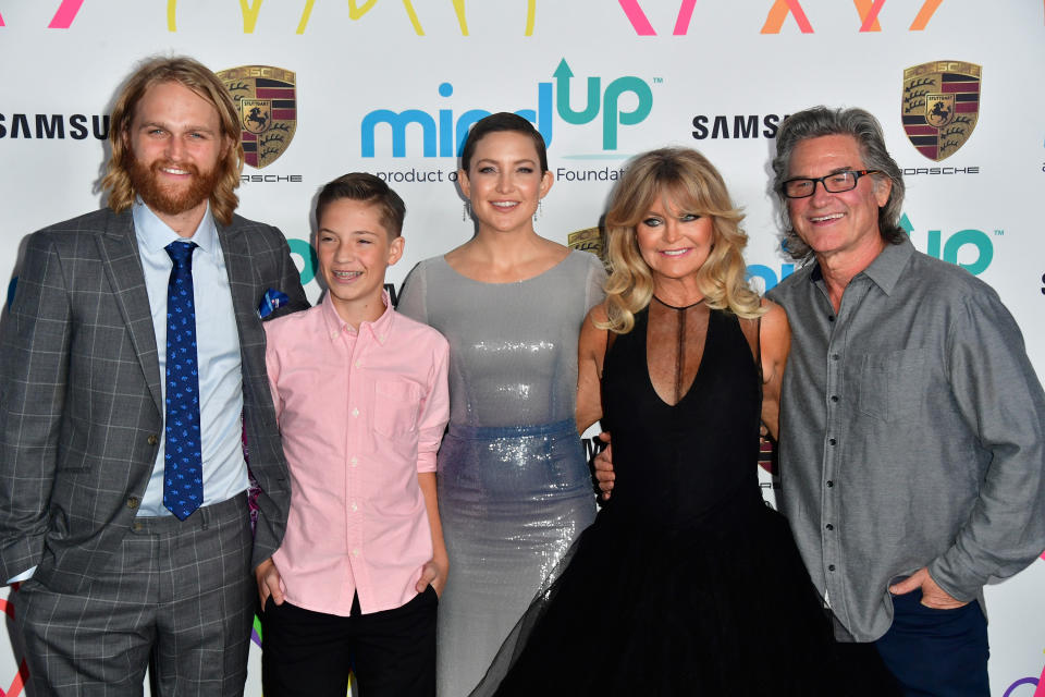 BEVERLY HILLS, CA - NOVEMBER 03:  (L-R) Wyatt Russell, Ryder Robinson, Kate Hudson, Goldie Hawn and Kurt Russell attend Goldie's Love In For Kids at Ron Burkle's Green Acres Estate on November 3, 2017 in Beverly Hills, California.  (Photo by Frazer Harrison/Getty Images)