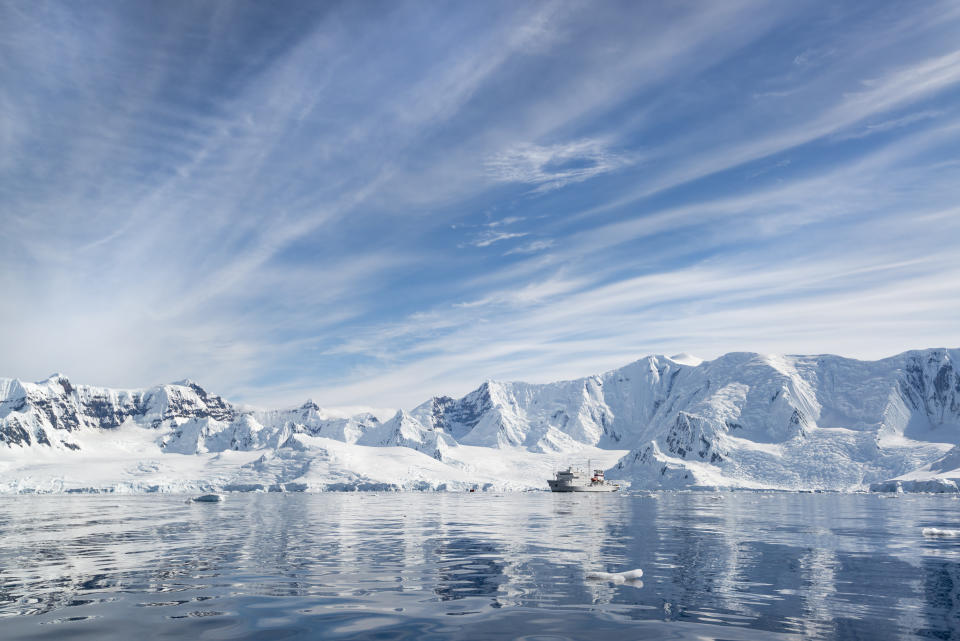 A polar research vessel in the Antarctic.