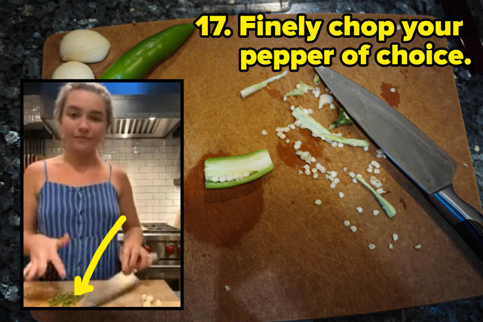 serrano pepper on a cutting board (inset) florence pugh dicing peppers