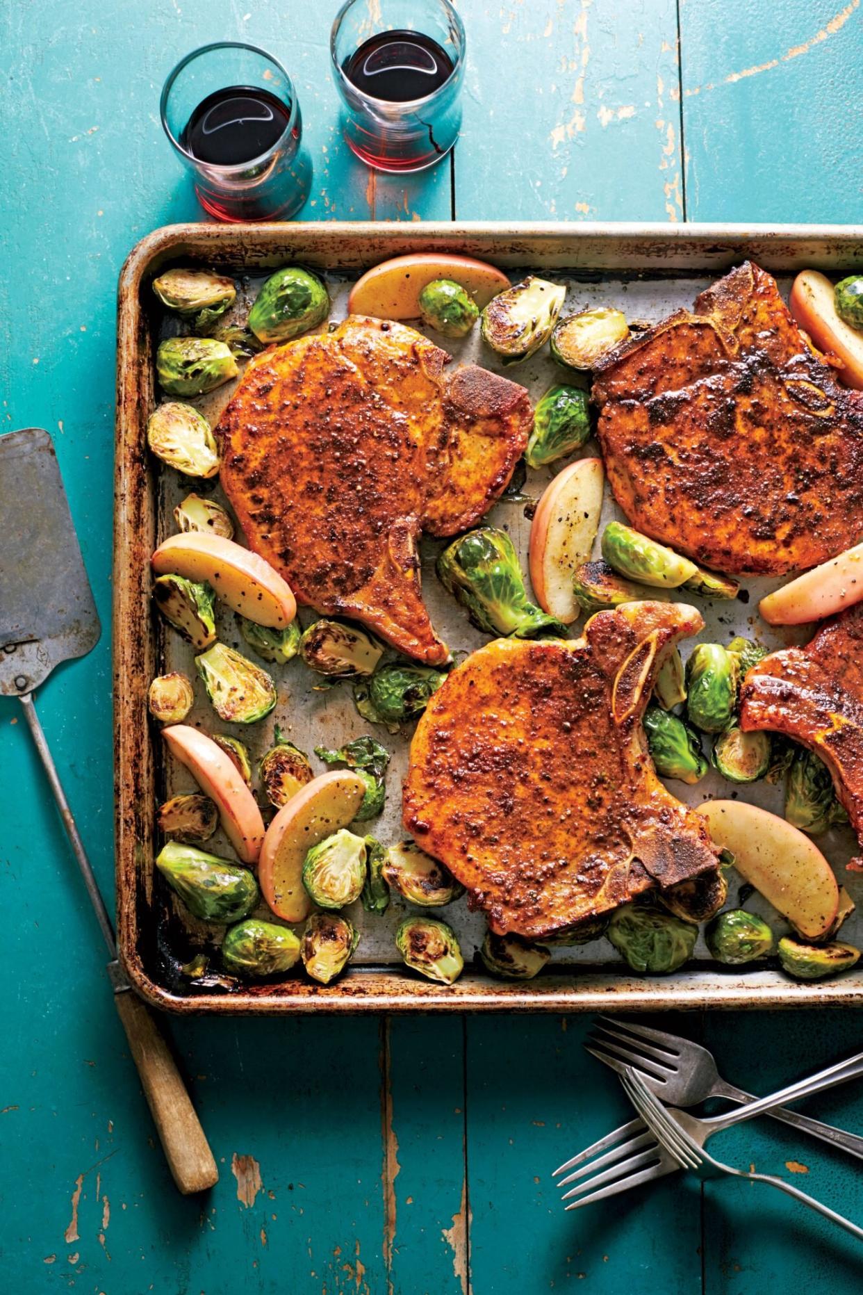 Pork Chops with Roasted Apples and Brussels Sprouts