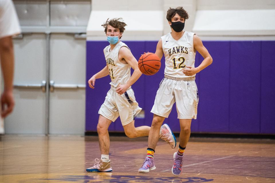 Rhinebeck's Alex Kemnitzer, photographed during a Jan. 14 boys basketball game, scored 16 points in the Hawks' win over Pine Plains on Tuesday.