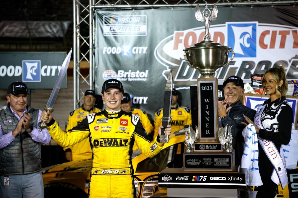 April 9: Christopher Bell celebrates after winning the Food City Dirt Race at Bristol Motor Speedway.