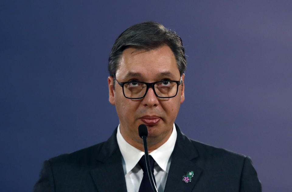 Serbian President Aleksandar Vucic speaks during a news conference after a meeting with Matthew Palmer, Deputy Assistant Secretary of the U.S.Department of State - Bureau of European and Eurasian Affairs in Belgrade, Serbia, Monday, Nov. 4, 2019. The U.S. has intensified efforts to help relaunch stalled talks on normalizing relations between Serbia and Kosovo, a former province whose 2008 declaration of independence Belgrade does not recognize. (AP Photo/Darko Vojinovic)