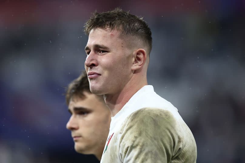 England&apos;s Theo Dan and Freddie Steward react at the end of the Rugby World Cup semifinal match between England and South Africa at the Stade de France