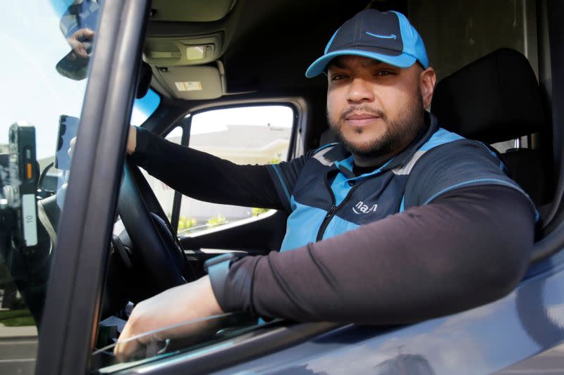 Joseph Alvarado makes deliveries for Amazon during the outbreak of the coronavirus disease