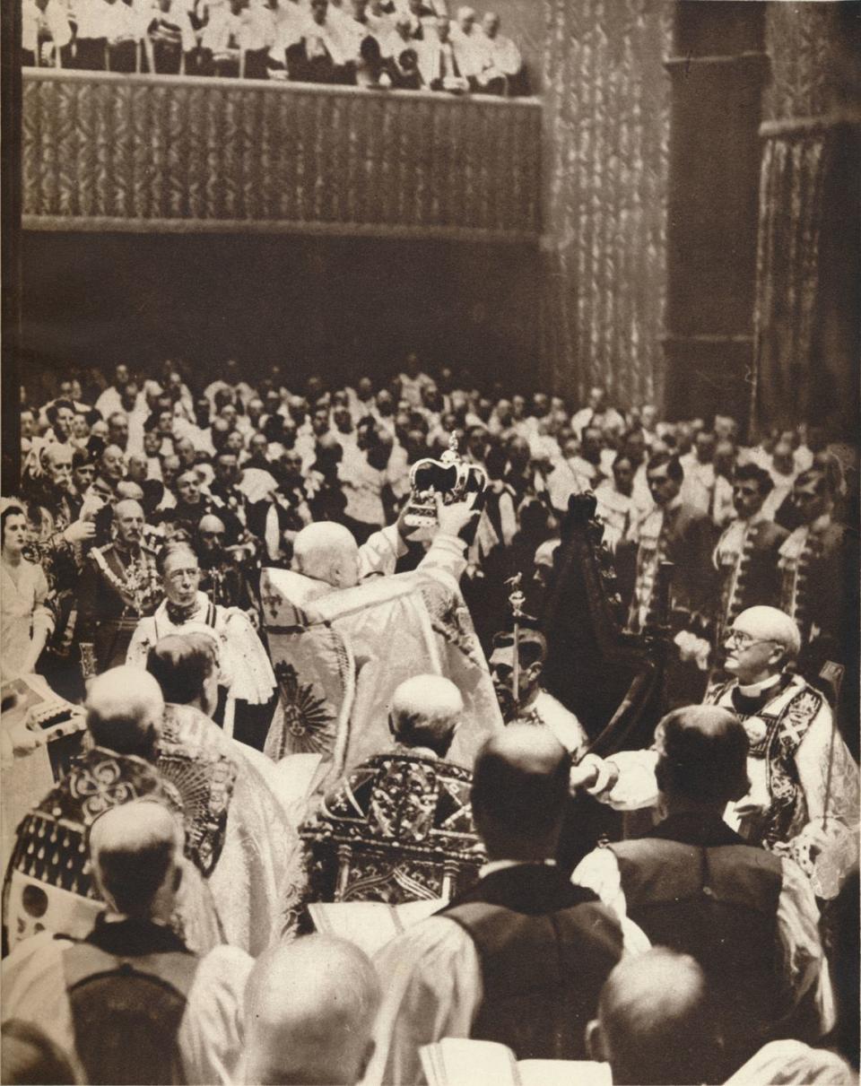 'george vi is crowned with st edwards crown on the day of his coronation at westminster abbey', 1937