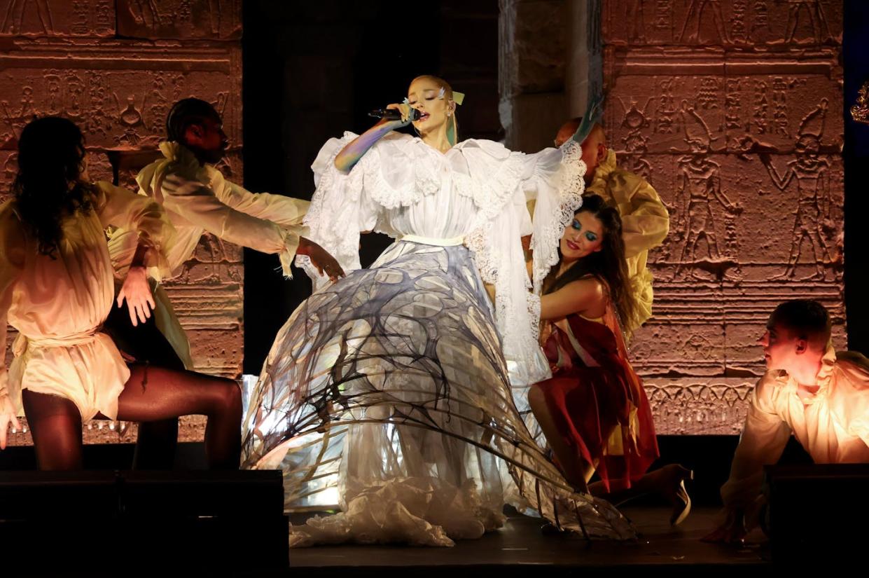 Grande performs during the 2024 Met Gala on May 6, 2024, in New York City. <a href="https://www.gettyimages.com/detail/news-photo/ariana-grande-performs-onstage-during-the-2024-met-gala-news-photo/2151916935?adppopup=true" rel="nofollow noopener" target="_blank" data-ylk="slk:Kevin Mazur/MG24 via Getty Images;elm:context_link;itc:0;sec:content-canvas" class="link ">Kevin Mazur/MG24 via Getty Images</a>