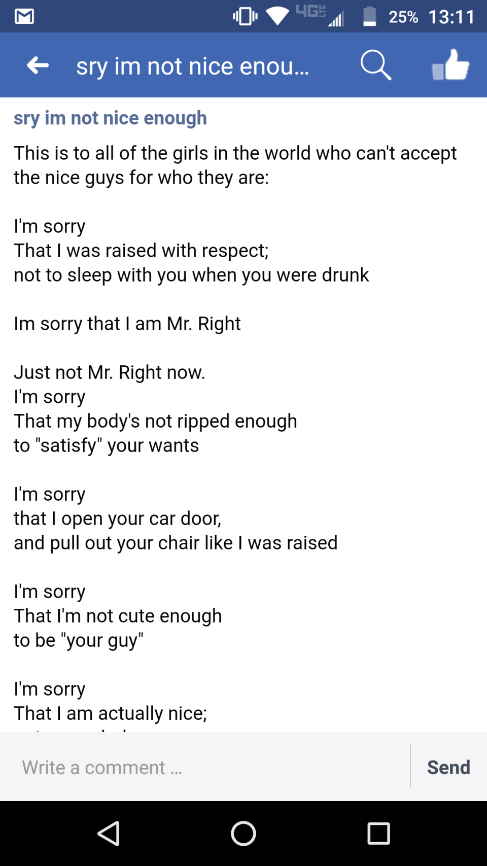 a note poem about being a "nice guy," AKA very entitled and bitter that he's not popular