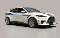 <p>On the electrified side of things, one of the modified <a href="https://www.caranddriver.com/reviews/a37920445/2021-ford-mustang-mach-e-gt-drive/" rel="nofollow noopener" target="_blank" data-ylk="slk:Mustang Mach-E GTs;elm:context_link;itc:0;sec:content-canvas" class="link ">Mustang Mach-E GTs </a>on display will look familiar to anyone who knows Ford's racing history. The name, of course, gives some of the details away, but this blue-and-white-striped performance vehicle replaces some of the original body pieces with graphene-infused carbon-fiber components made by Shelby American. The changes include the front fascia, front fenders and rear flares, and a different hood that has a large vent in order to lower front-end lift. Springs, tires and seats have all also been upgraded. This year will be the first time Ford has brought both a gas-powered Mustang and a Mustang Mach-E to SEMA.</p>