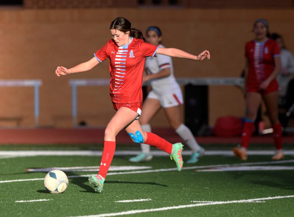 Monterey's Mae Arrington dribbles the ball against Lubbock-Cooper in a District 4-5A girls soccer match, Friday, Feb. 2, 2024, at Plainsmen Field.