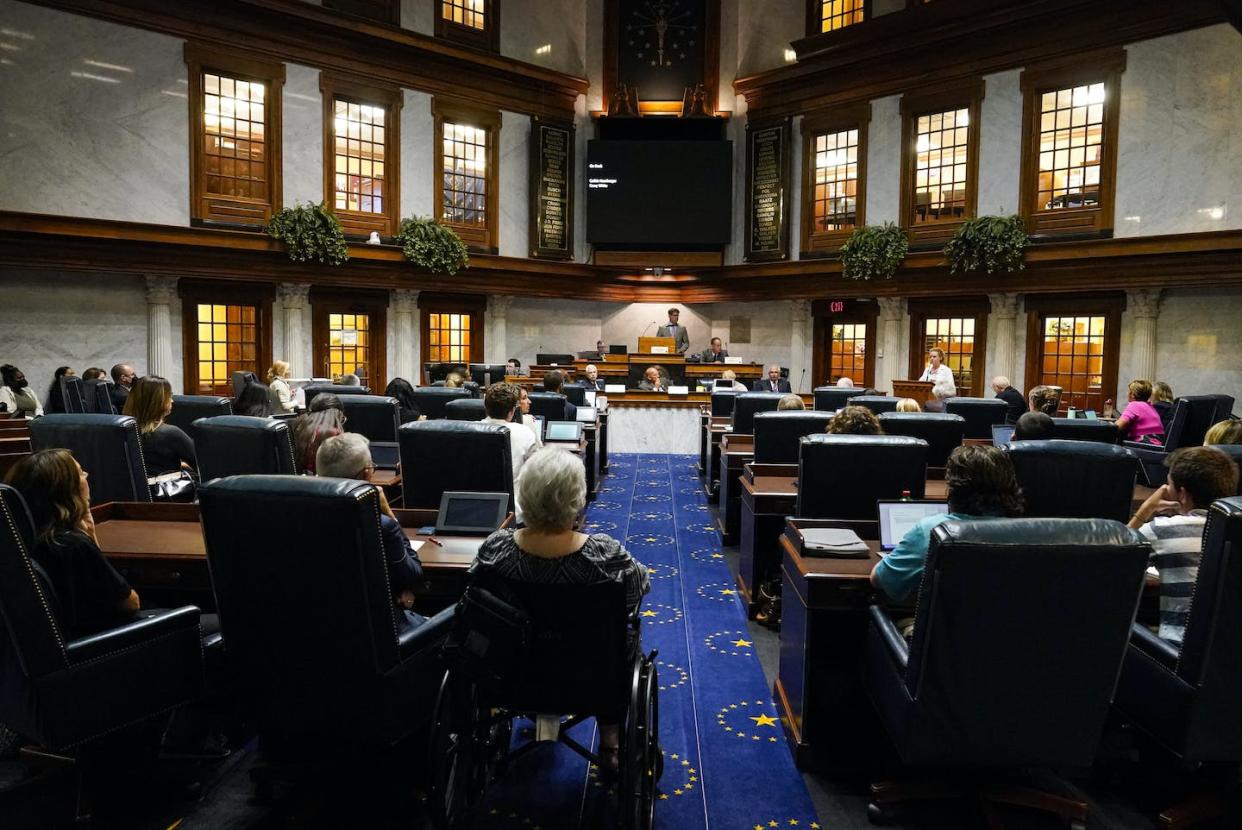 An Indiana Senate committee hearing on a GOP proposal to ban nearly all abortions in the state, at the Statehouse in Indianapolis, July 26, 2022. <a href="https://newsroom.ap.org/detail/AbortionIndiana/f05208fb5e3d45ae947b301de993b164/photo?Query=Indiana%20statehouse%20abortion&mediaType=photo&sortBy=arrivaldatetime:desc&dateRange=Anytime&totalCount=51&currentItemNo=18" rel="nofollow noopener" target="_blank" data-ylk="slk:AP Photo/Michael Conroy;elm:context_link;itc:0;sec:content-canvas" class="link ">AP Photo/Michael Conroy</a>