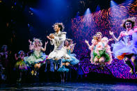 <p>Stage star <a href="https://people.com/theater/andrew-lloyd-webbers-bad-cinderella-opens-on-broadway-see-photos-from-the-modern-retelling/" rel="nofollow noopener" target="_blank" data-ylk="slk:Jordan Dobson;elm:context_link;itc:0;sec:content-canvas" class="link ">Jordan Dobson</a> flies high alongside his ensemble at the Broadway opening of <em>Bad Cinderella</em> on March 23 in New York City. </p>