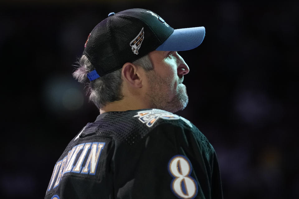 Washington Capitals' Alex Ovechkin (8) stands on the ice during the NHL All Star Skills Showcase, Friday, Feb. 3, 2023, in Sunrise, Fla. (AP Photo/Lynne Sladky)