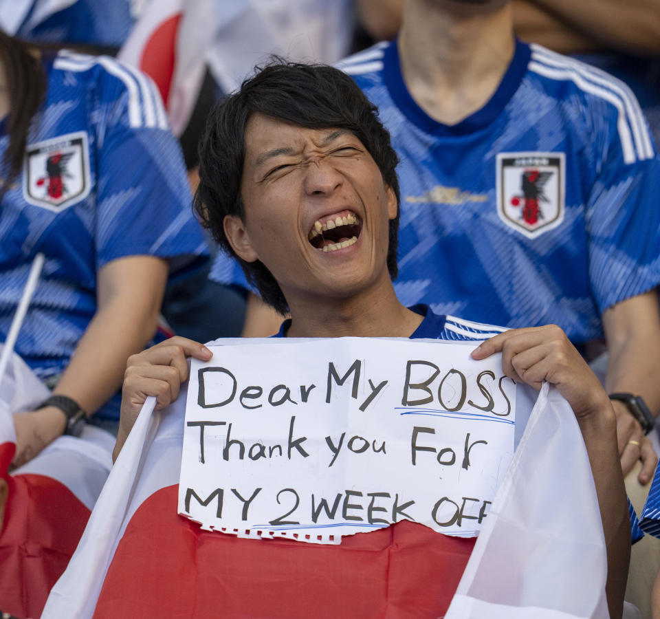 DOHA, QATAR - NOVEMBER 23: Japanese fans cheer before a FIFA World Cup Qatar 2022 Group E match between Japan and Germany at Khalifa International Stadium on November 23, 2022 in Doha, Qatar. (Photo by Brad Smith/ISI Photos/Getty Images)