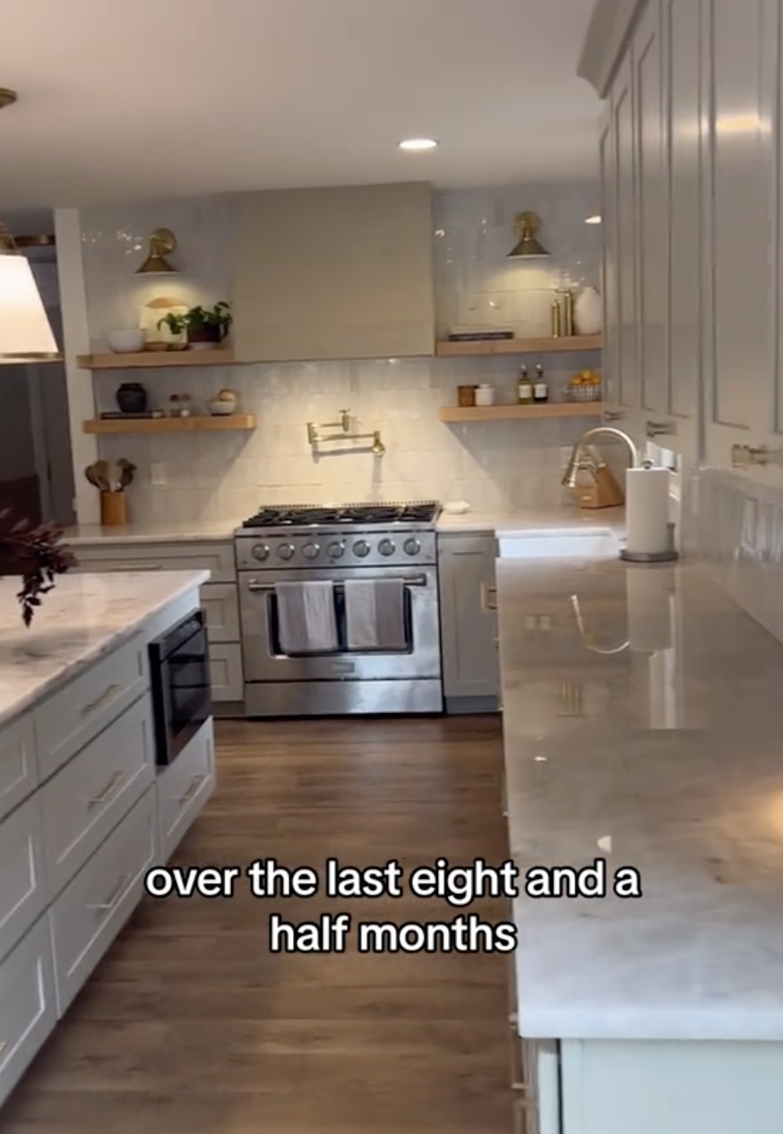 A modern kitchen with white cabinetry, stainless steel appliances, and subway tile backsplash. Text overlay: 