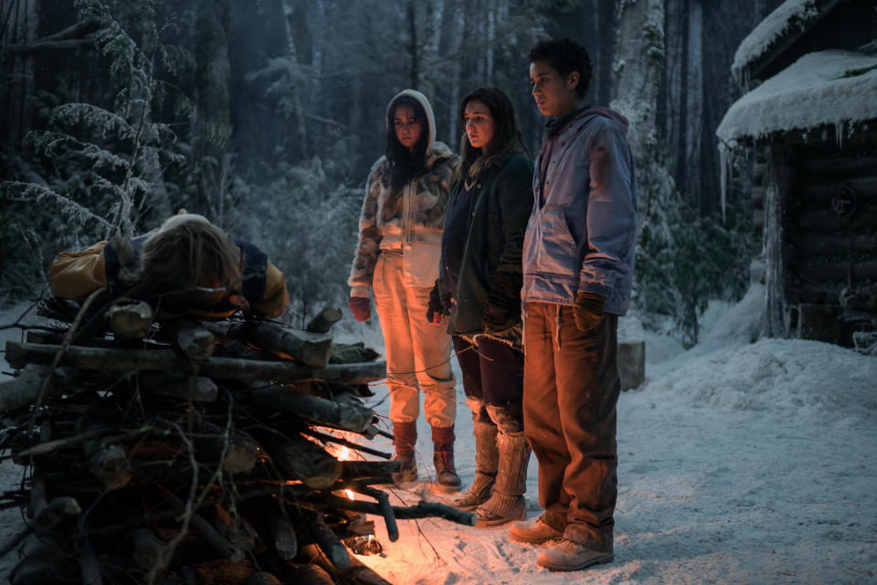 Courtney Eaton as Teen Lottie, Sophie Nélisse as Teen Shauna and Jasmin Savoy Brown as Teen Taissa in YELLOWJACKETS, "Edible Complex". Photo Credit: Kailey Schwerman/SHOWTIME.