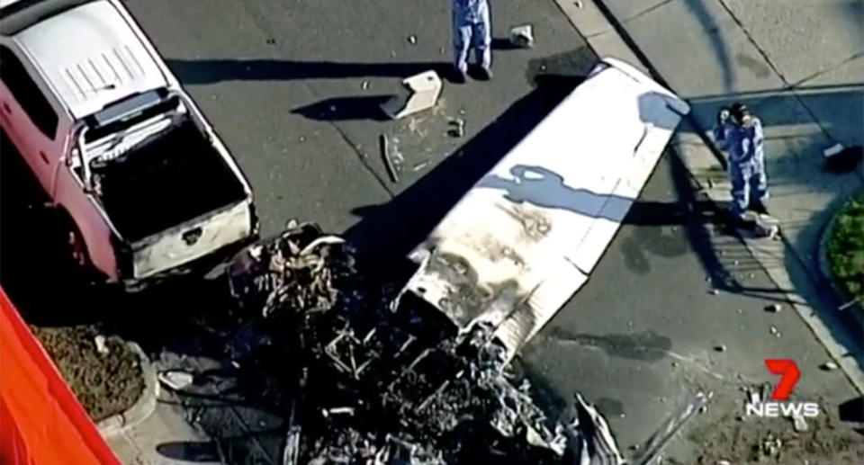 The wreckage from the doomed flight remains just metres from the family’s living room. Source: 7 News