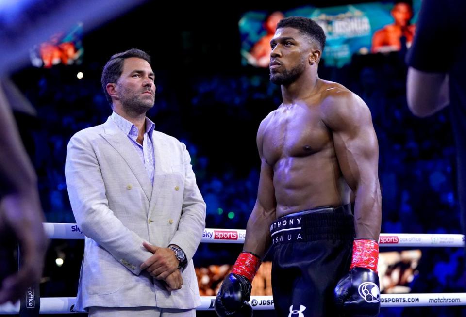 Eddie Hearn (left) with former two-time heavyweight boxing champion Anthony Joshua (Nick Potts/PA) (PA Wire)