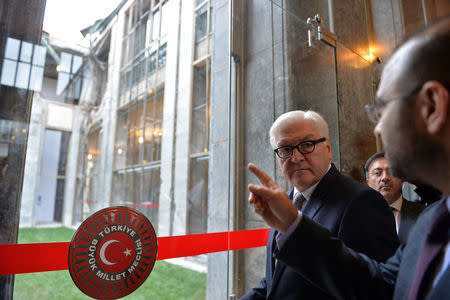 German Foreign Minister Frank-Walter Steinmeier visits Turkish Parliament which was partly damaged during the July 15 coup attempt, in Ankara, Turkey November 15, 2016. REUTERS/Stringer