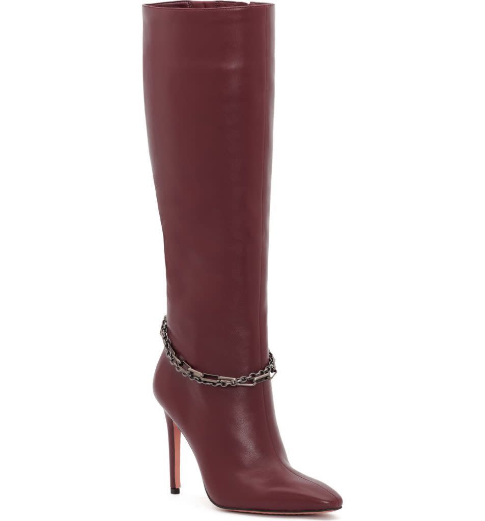 Vince Camuto, boots, red boots, leather boots, pointed-toe boots, heeled boots, chain boots