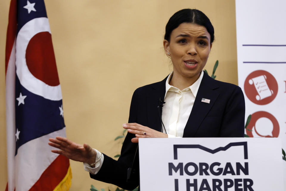 Morgan Harper, a progressive Democrat running for an open U.S. Senate seat in Ohio, speaks during a debate against Josh Mandel, a Republican former Ohio treasurer, Thursday, Jan. 27, 2022, in Columbus, Ohio. (AP Photo/Jay LaPrete)