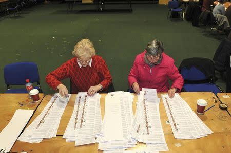 Election officials take part in the 8th count on the second day of the General Election count in the RDS in Dublin, Ireland February 28, 2016. REUTERS/Clodagh Kilcoyne