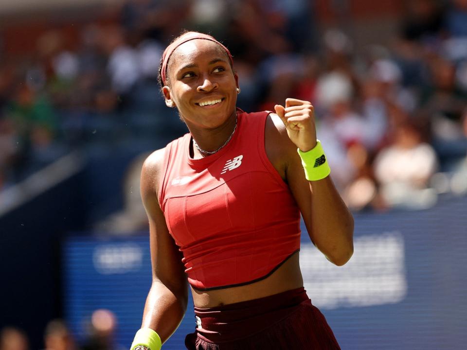 Coco Gauff smiles during her second-round match at the 2023 US Open.