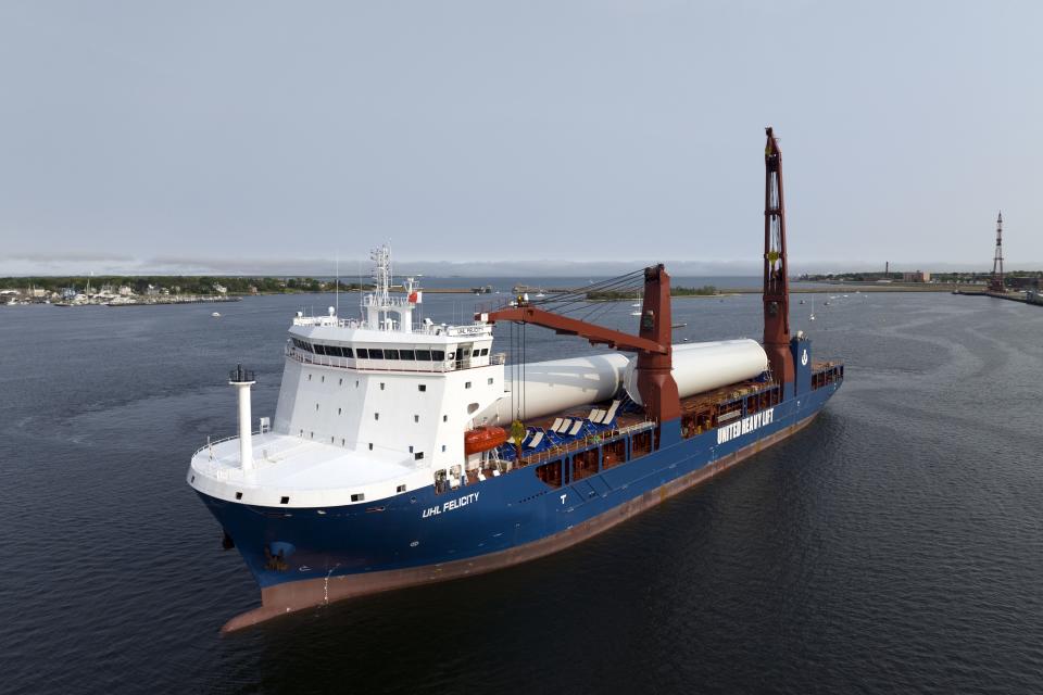 The ship UHL Felicity, carrying massive parts for offshore wind turbines, arrives to dock Wednesday, May 24, 2023, in New Bedford, Mass. Once assembled by developer Vineyard Wind, the turbines at sea will stand more than 850 feet high. (AP Photo/Rodrique Ngowi)