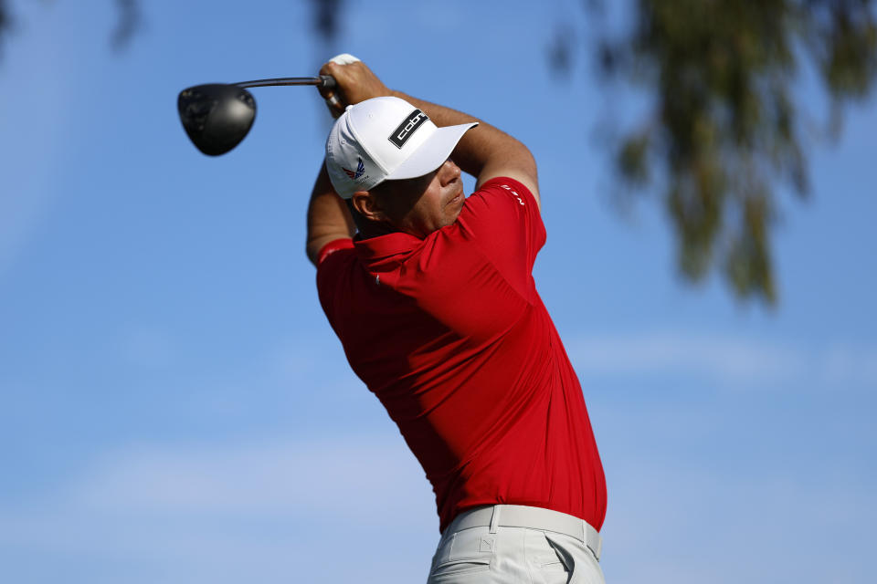 Gary Woodland tees off on the 15th hole during the second round of the Genesis Invitational golf tournament at Riviera Country Club Friday, Feb. 16, 2024, in the Pacific Palisades area of Los Angeles. (AP Photo/Ryan Kang)