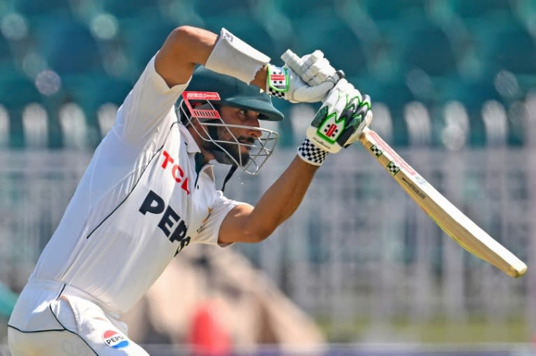 Pakistan captain Shan Masood plays a shot during the second day of the second Test against Bangladesh in Rawalpindi (Aamir QURESHI)