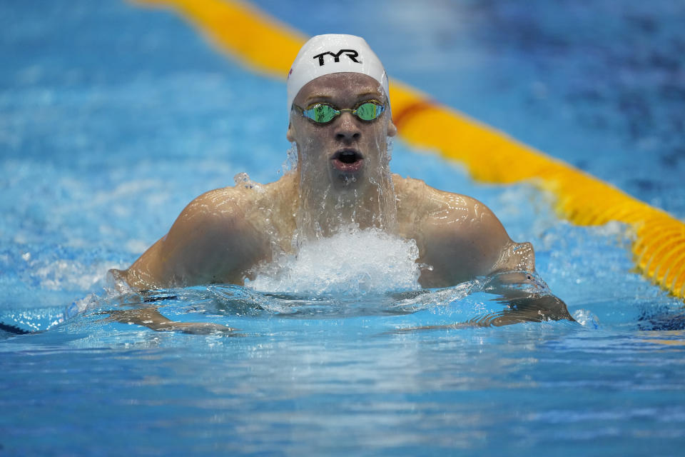 Leon Marchand of France competes during Men 400m Medley final at the World Swimming Championships in Fukuoka, Japan, Sunday, July 23, 2023. (AP Photo/Lee Jin-man)