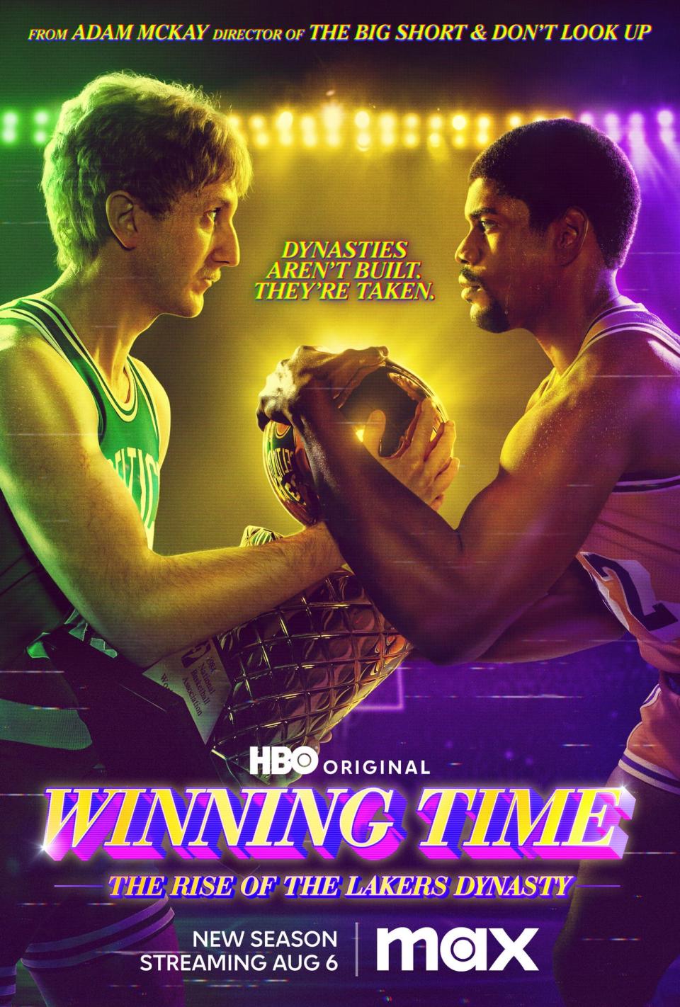 Larry Bird (Sean Patrick Small) shares the "Winning Time" Season 2 poster with Magic Johnson (Quincy Isaiah).