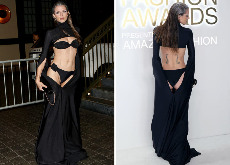 L: Julia Fox wearing a black cut out dress showing off her lingerie. R: Back of Julia Fox's cut out black dress showing off her lingerie.
