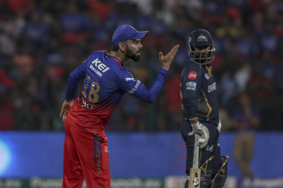 Royal Challengers Bengaluru's Virat Kohli gestures as he celebrates the runout of Gujarat Titans' Shahrukh Khan during the Indian Premier League cricket match between Royal Challengers Bengaluru and Gujarat Titans in Bengaluru, India, Saturday, May 4, 2024. (AP Photo)