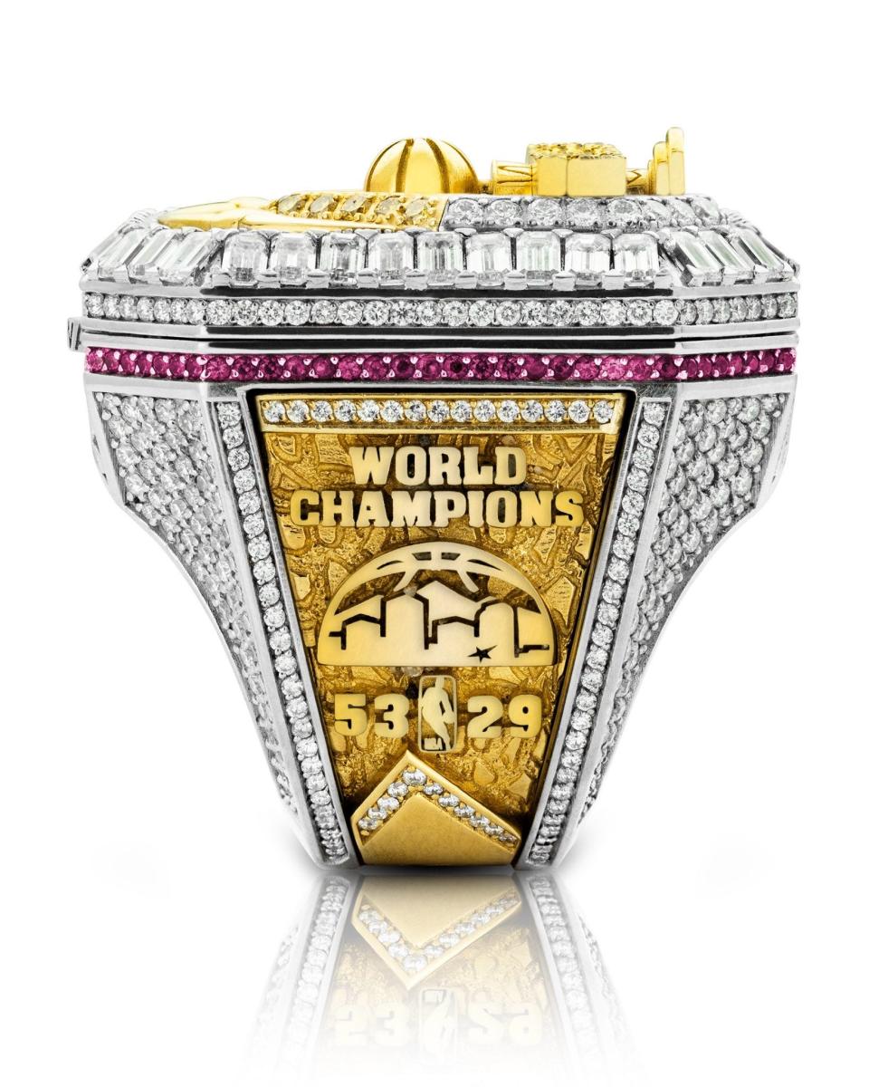 A side view of the Denver Nuggets' 2023 NBA championship rings, created in collaboration with Jason of Beverly Hills.