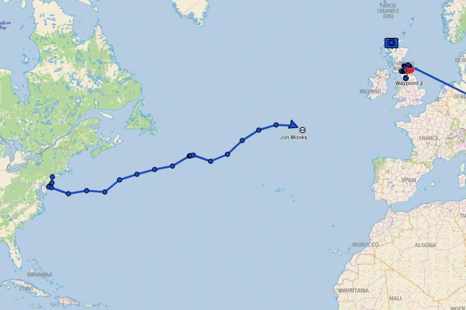 A live tracker shows Duncan Hutchinson's route across the Atlantic which cut out half way due to a technical failure (Duncan Hutchinson)