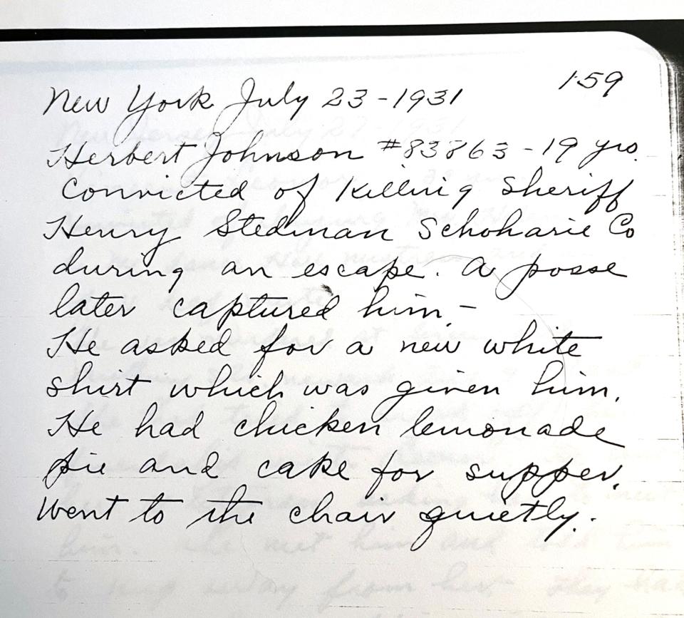 Herbert Johnson "went to the chair quietly" on July 23, 1931, according to this entry in the personal diary of executioner Robert G. Elliott, who recorded notes on the 387 people he put to death in six Northeastern states, including New York, from 1926 to 1939.