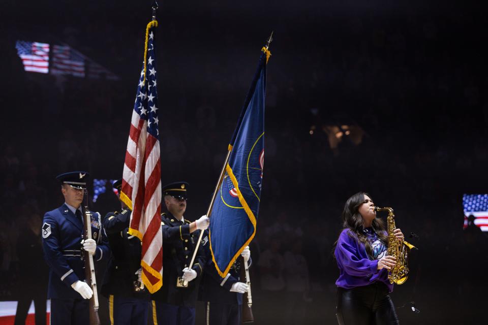 The national anthem is played before an NBA basketball game between the Utah Jazz and the New Orleans Pelicans at the Delta Center in Salt Lake City on Monday, Nov. 27, 2023. | Megan Nielsen, Deseret News