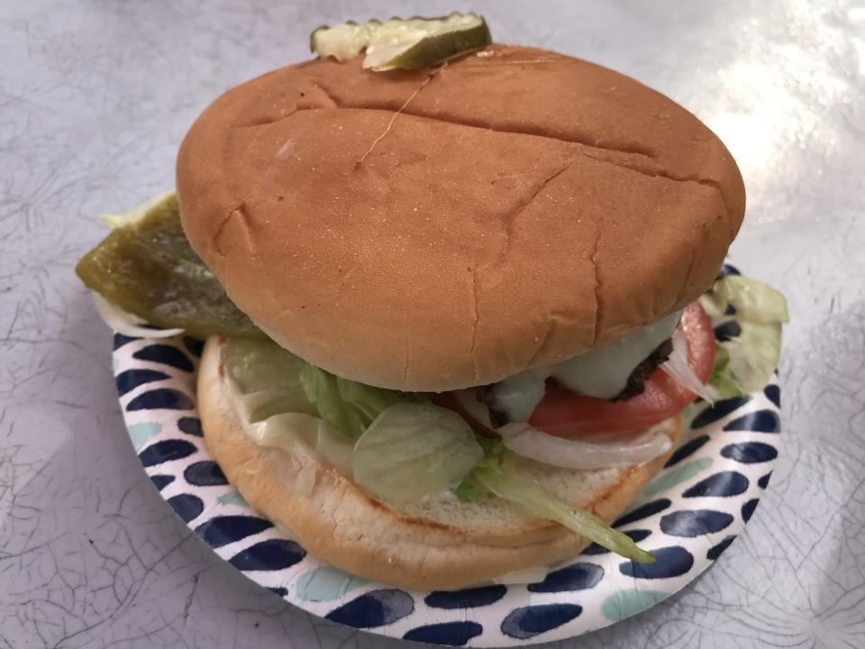 Chili burger on paper plate from Arctic Roadrunner in Alaska