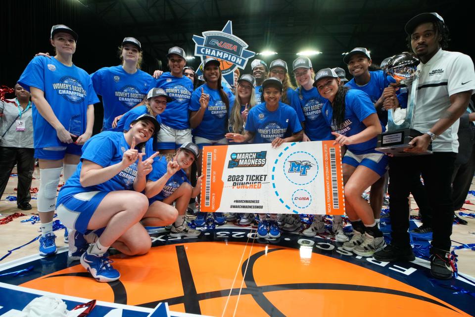 Mar 11, 2023; Frisco, TX, USA; The Middle Tennessee Blue Raiders celebrate punching their ticket to the NCAA Tournament after defeating the Western Kentucky Lady Toppers in the Conference USA Tournament Championship at Ford Center at The Star. Mandatory Credit: Chris Jones-USA TODAY Sports