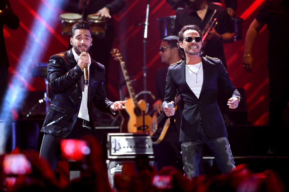 Maluma and Marc Anthony perform on stage during Univision’s “Premios Juventud” 2017 Celebrates The Hottest Musical Artists And Young Latinos Change-Makers at Watsco Center on July 6, 2017 in Coral Gables, Florida. (Photo by Rodrigo Varela/Getty Images for Univision)