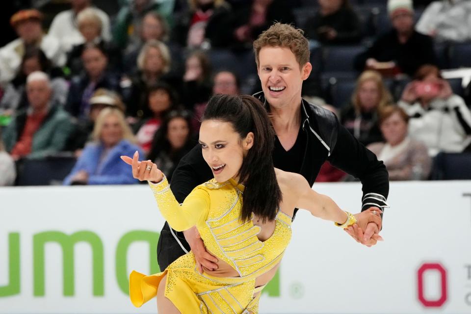 Jan 25, 2024; Columbus, Ohio, USA; Madison Chock and Evan Bates performs in the championship ice dance rhythm dance during the 2024 US Figure Skating Championships at Nationwide Arena. Mandatory Credit: Adam Cairns-USA TODAY Sports