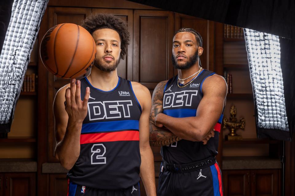 Guard Cade Cunningham, left, and forward Saddiq Bey of the Detroit Pistons pose during a photo shoot on Tuesday, Aug. 16, 2022, in Beverly Hills, California.