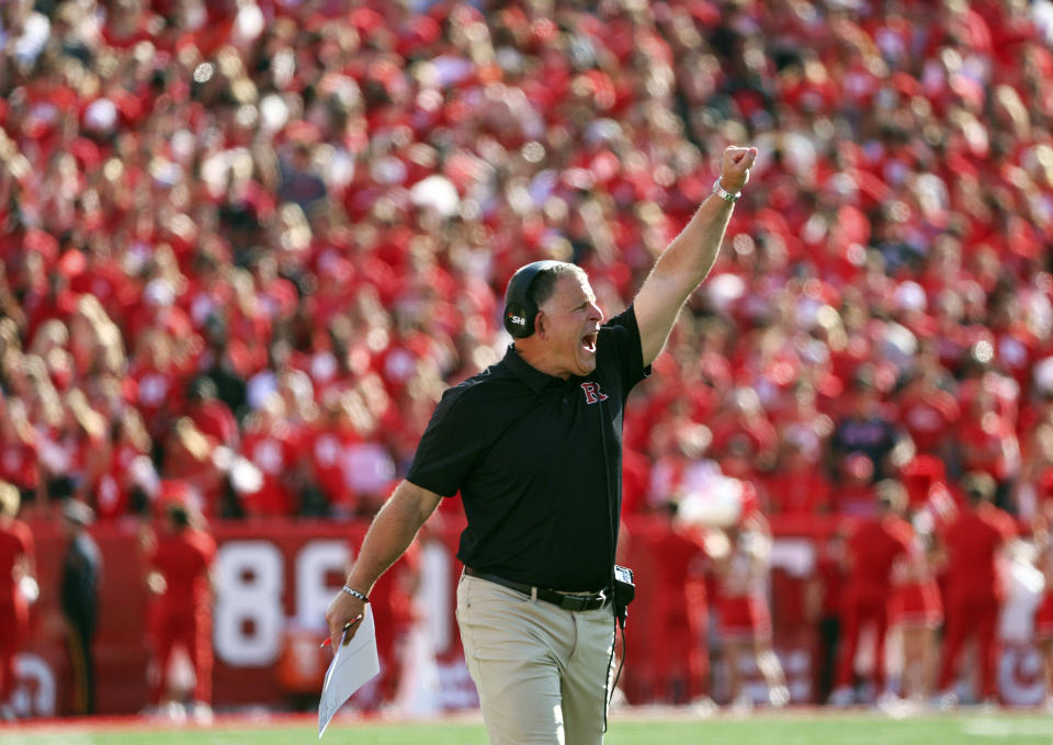 Rutgers head coach Greg Schiano gestures during the first half of an NCAA college football game against Virginia Tech, Saturday, Sept. 16, 2023, in Piscataway, N.J. (Andrew Mills/NJ Advance Media via AP)